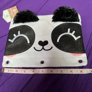 School Binder Panda Pencil / Pen Accessories Pouch White Black Furry Face Case